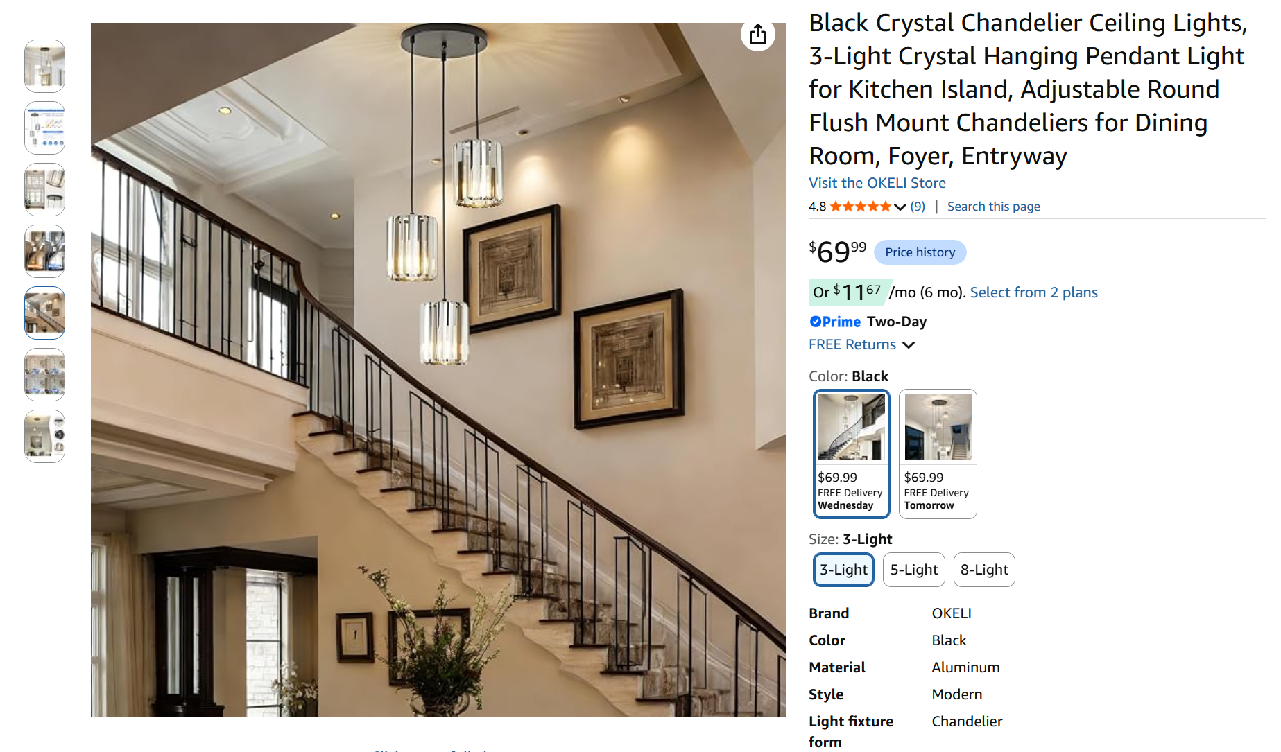 Black Crystal Chandelier Ceiling Lights, 3-Light