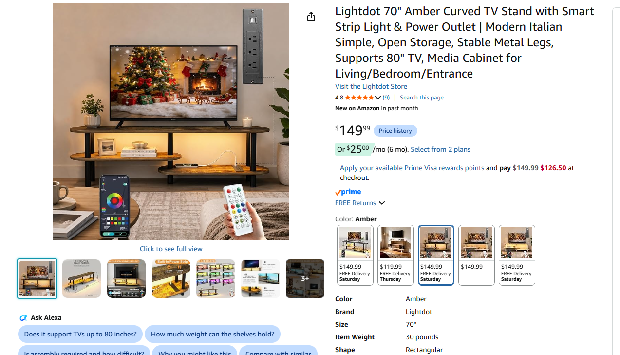 Curved TV Stand with Smart Strip Light & Power Outlet