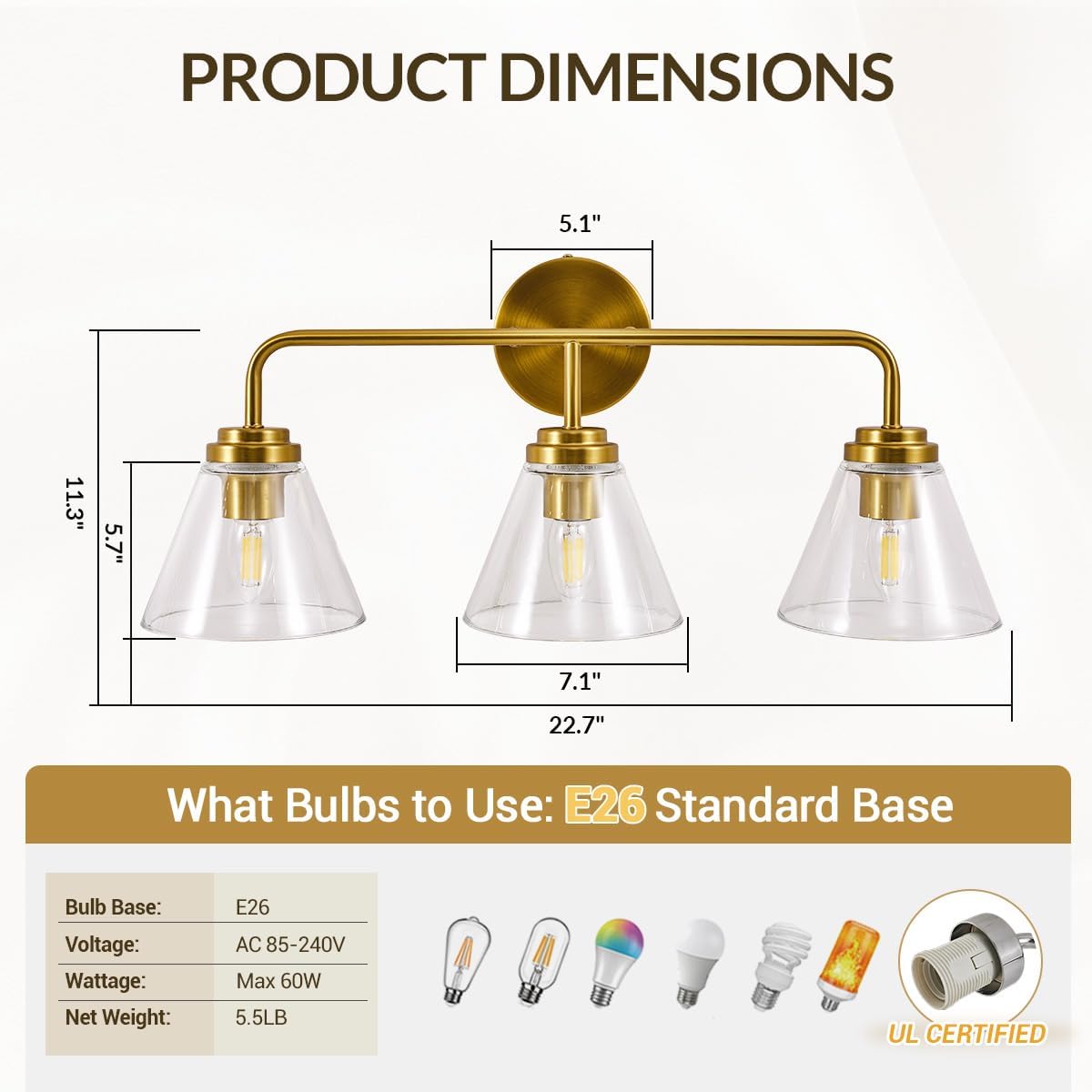 Vanity Lights for Bathroom 3 Light - Brushed Gold