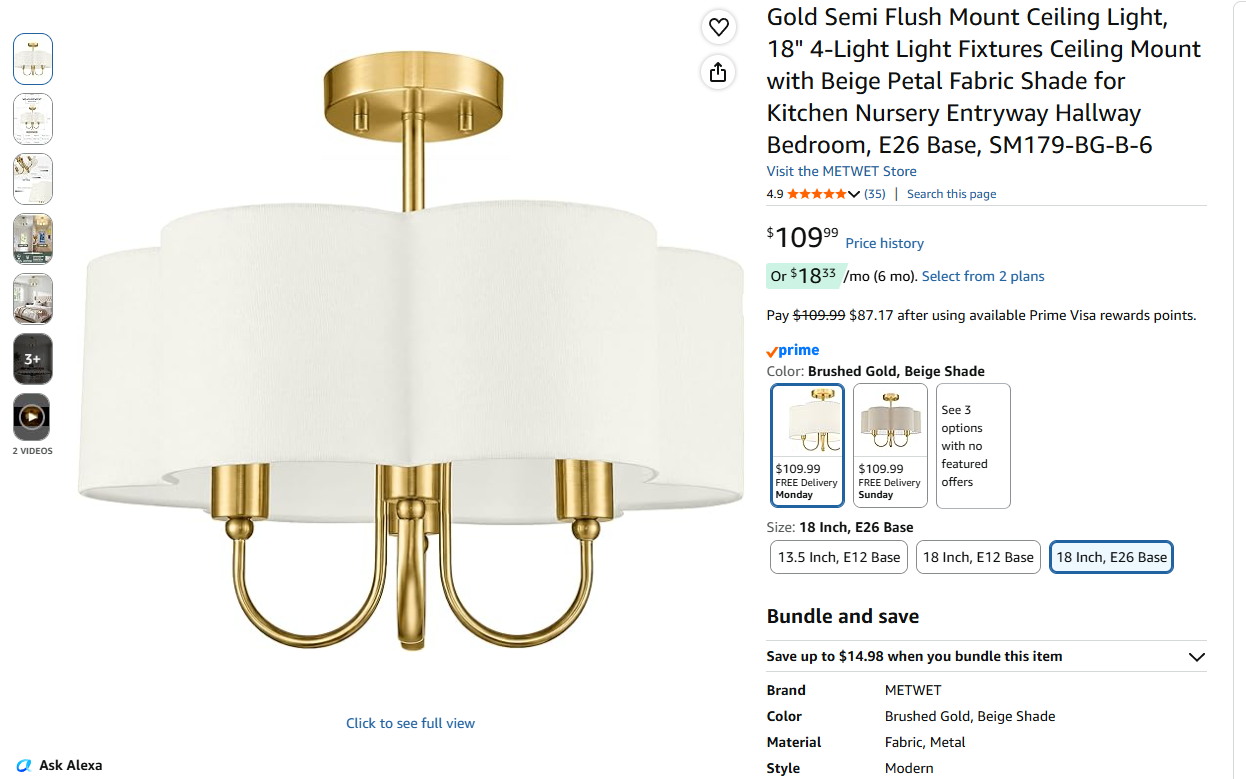 Gold Semi Flush Mount Ceiling Light,