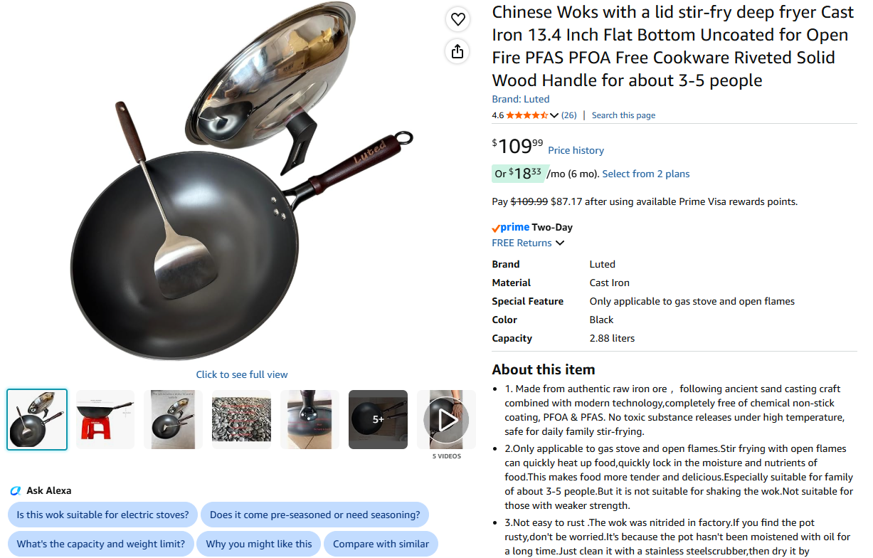 Cast Iron Chinese Wok with lid