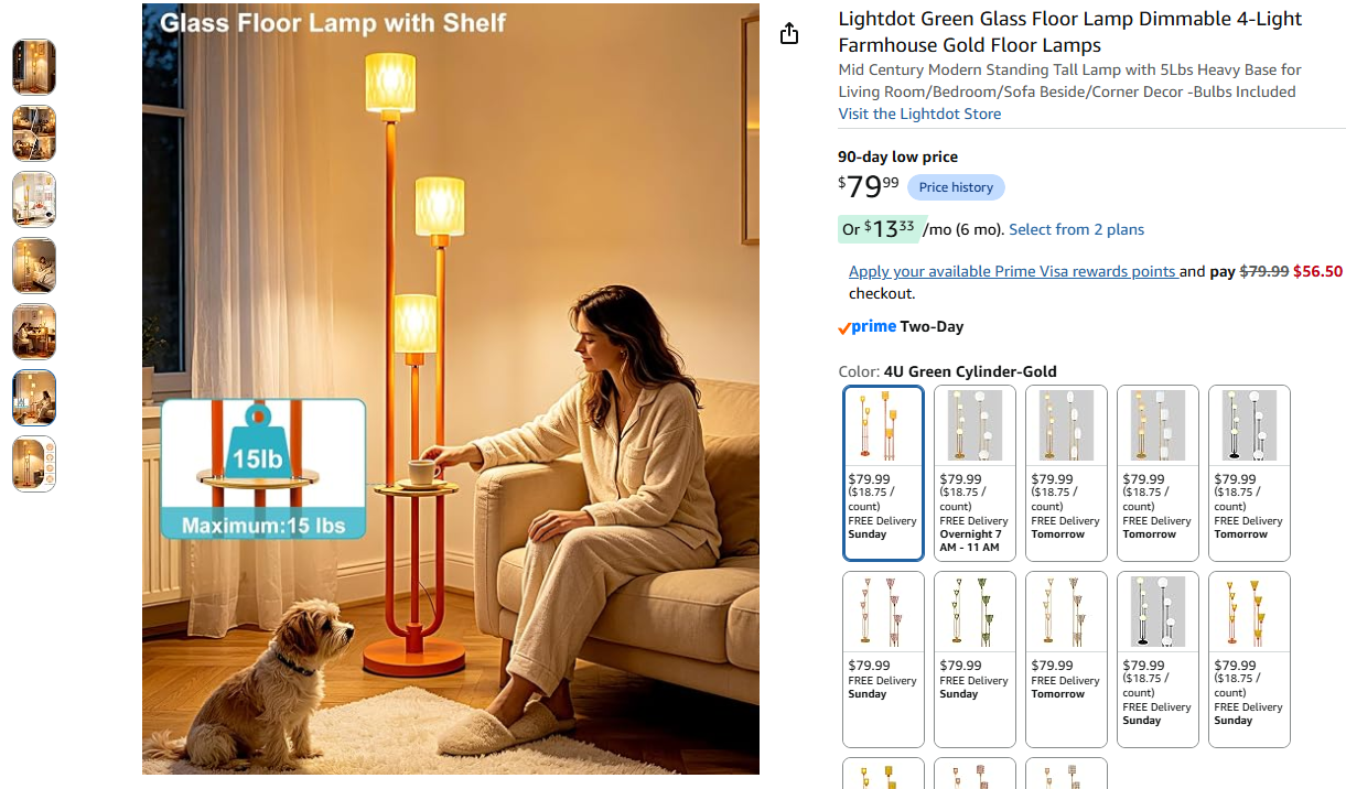 Glass Floor Lamp Dimmable 3-Light Farmhouse with shelf