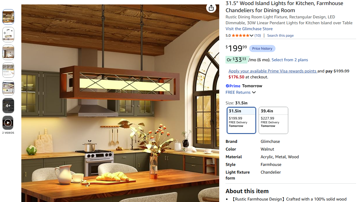 31.5" Wood Island Lights for Kitchen, Farmhouse Chandeliers