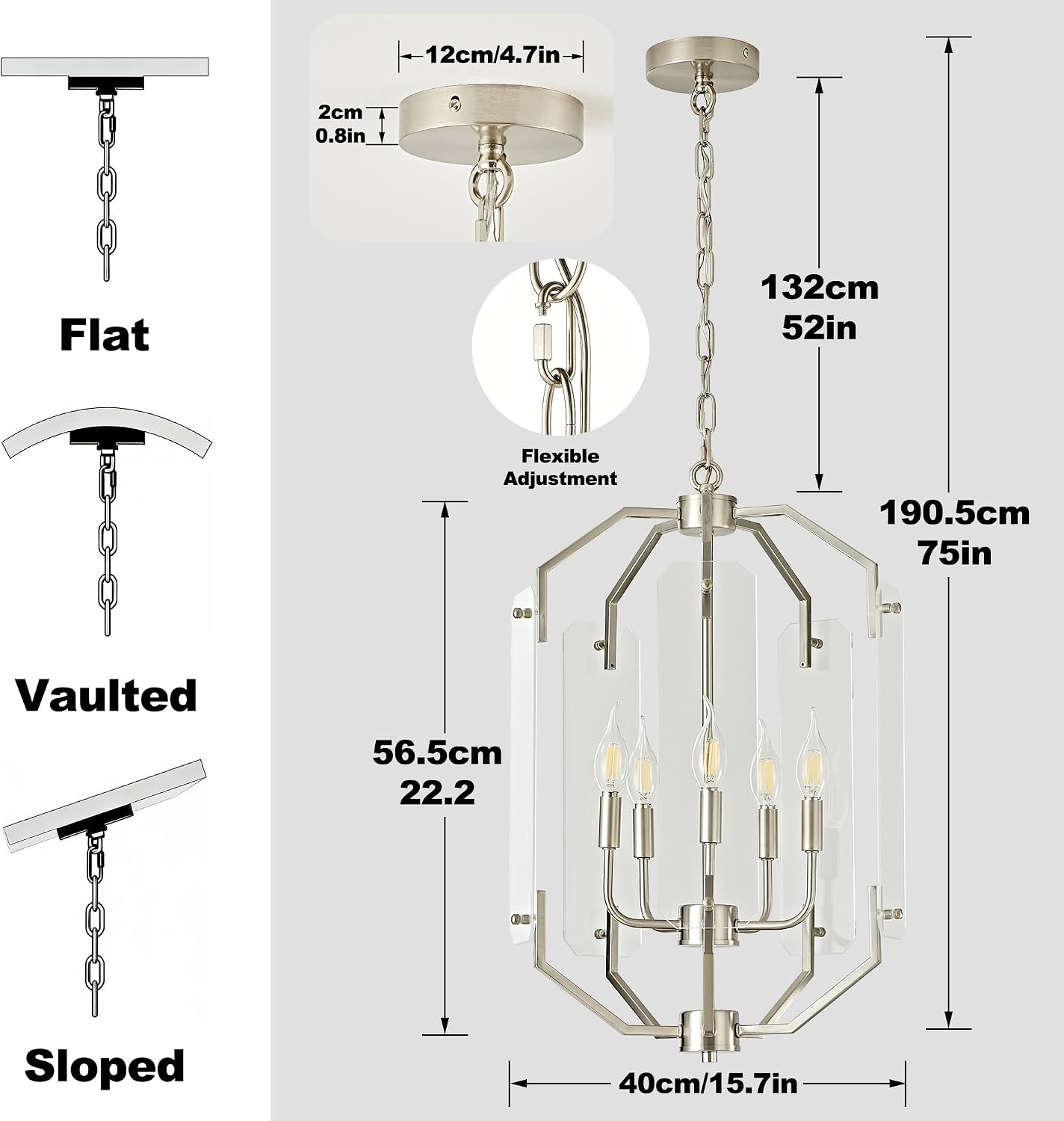 Farmhouse Chandelier for Dining Room, 5-Light Brushed Nickel