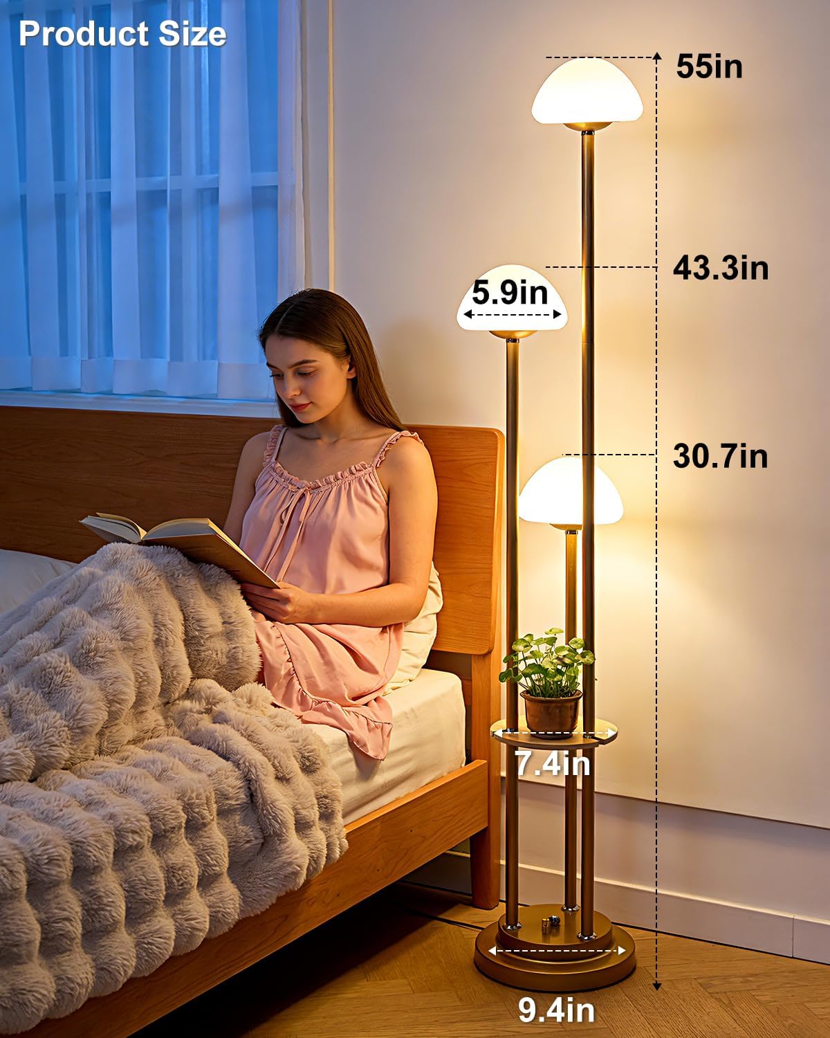 Gold Dimmable Floor Lamp with Table,