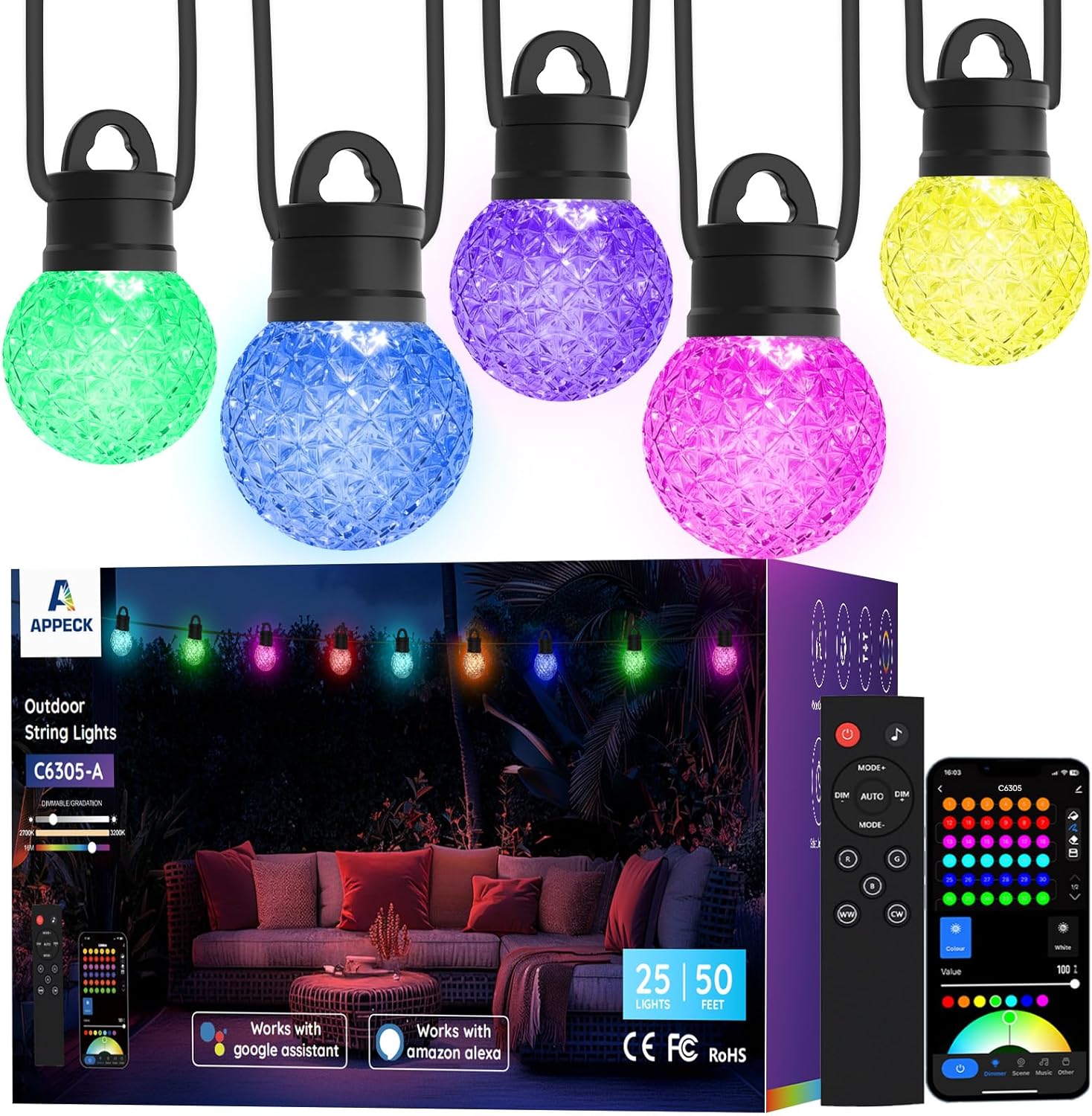 Smart Outdoor String Lights 50ft, RGBW