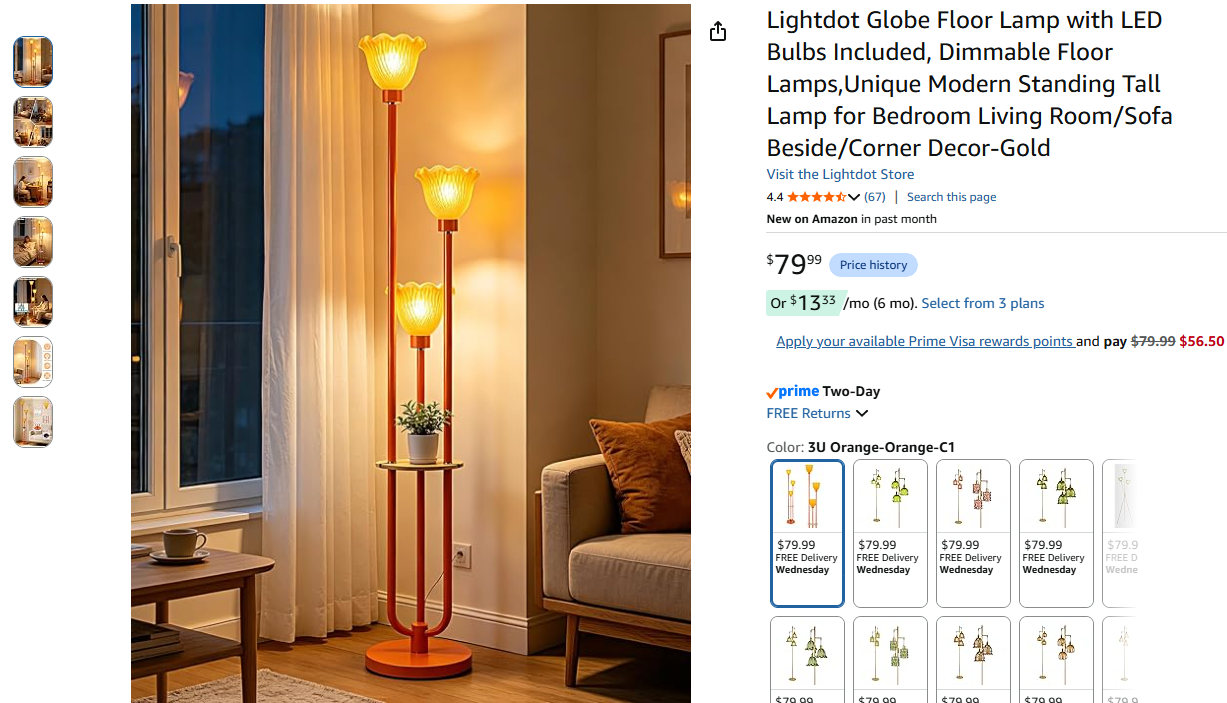 Floor Lamp with Shelf and Bulbs Included, Dimmable