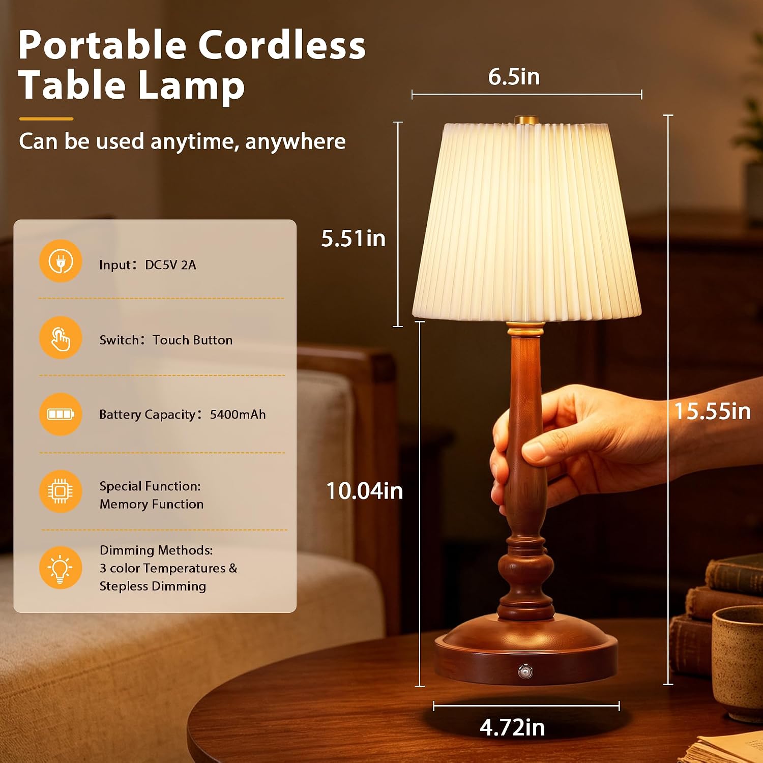 Cordless Table Lamp, 5400mAh Rechargeable