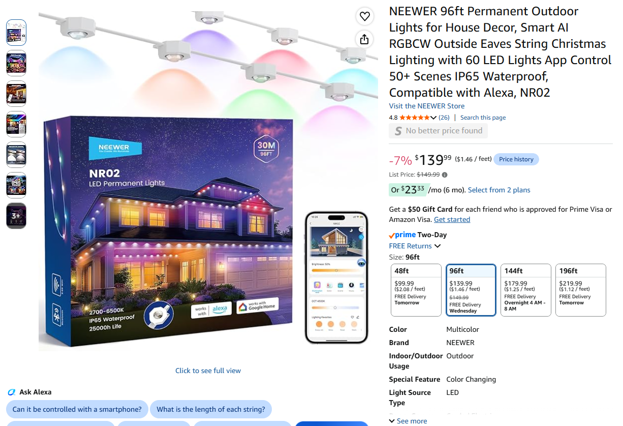 96ft Permanent Outdoor Lights