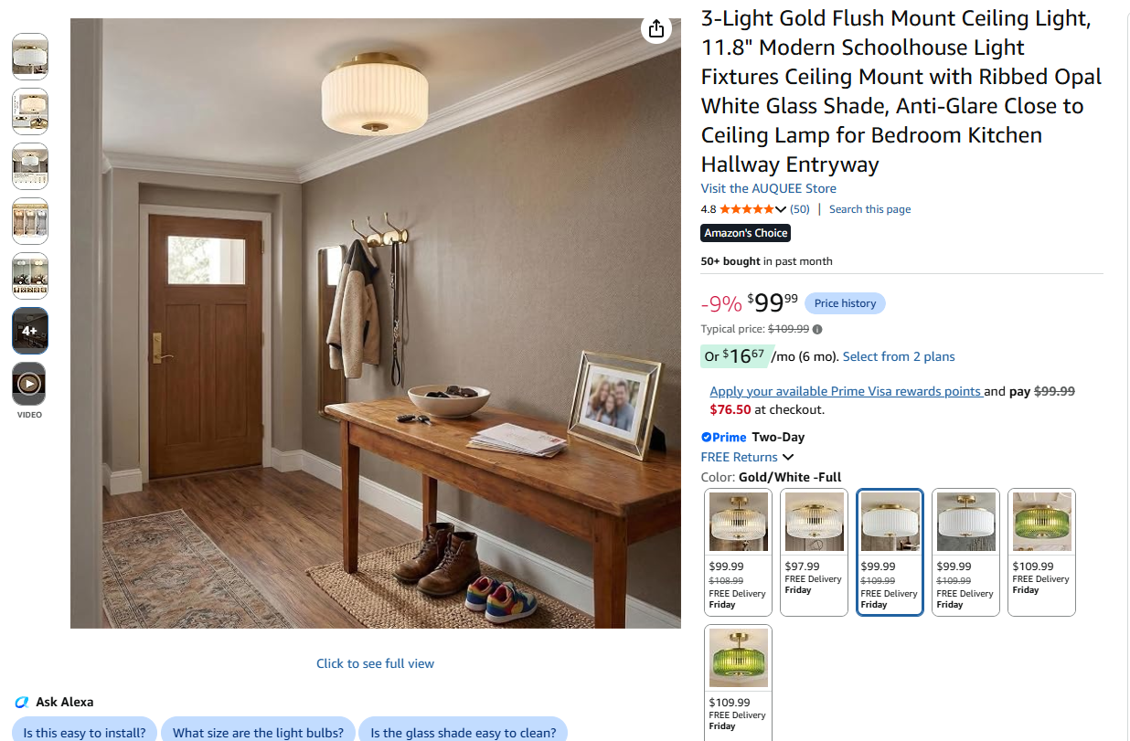 3-Light Gold Semi Flush Mount Ceiling Light