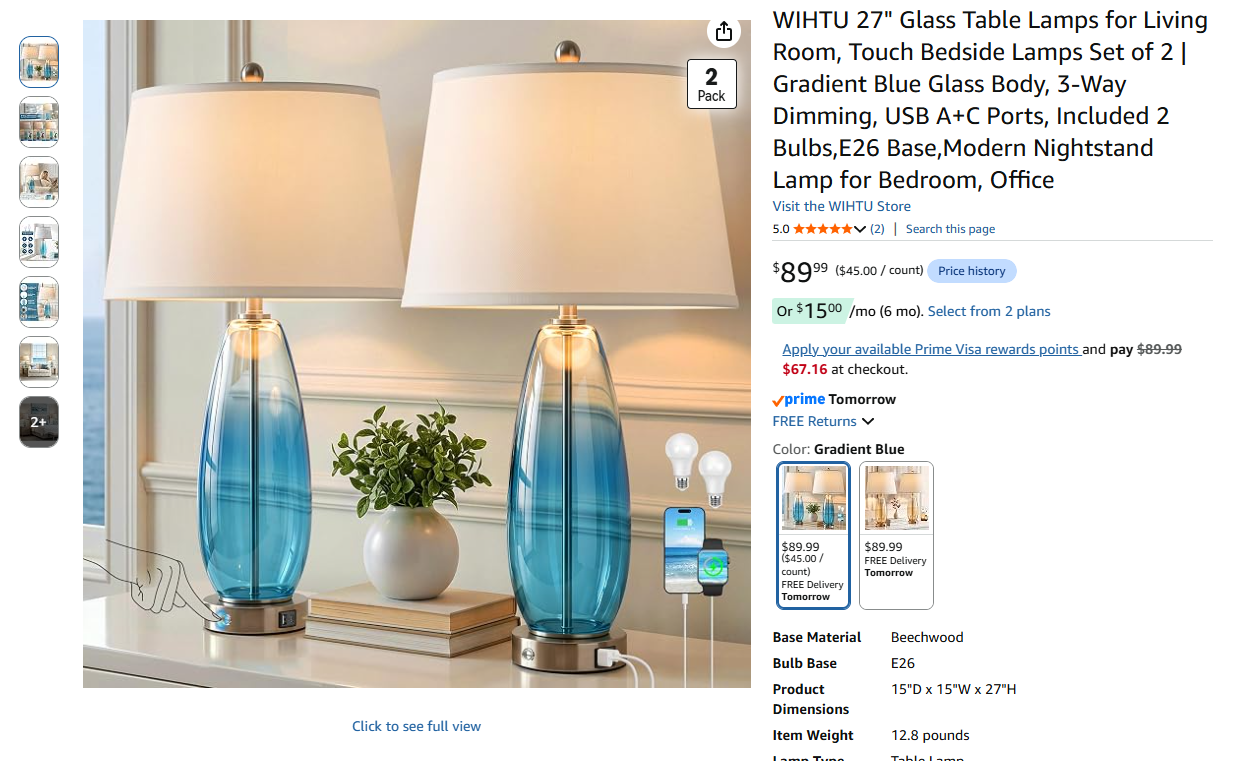 Glass Table Lamps 2 Pack