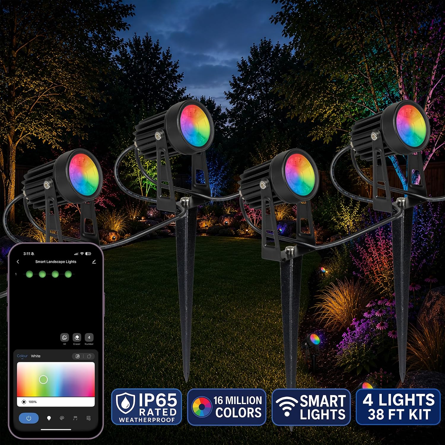 Smart 4-Pack RGBWW Smart Outdoor Garden Spotlights