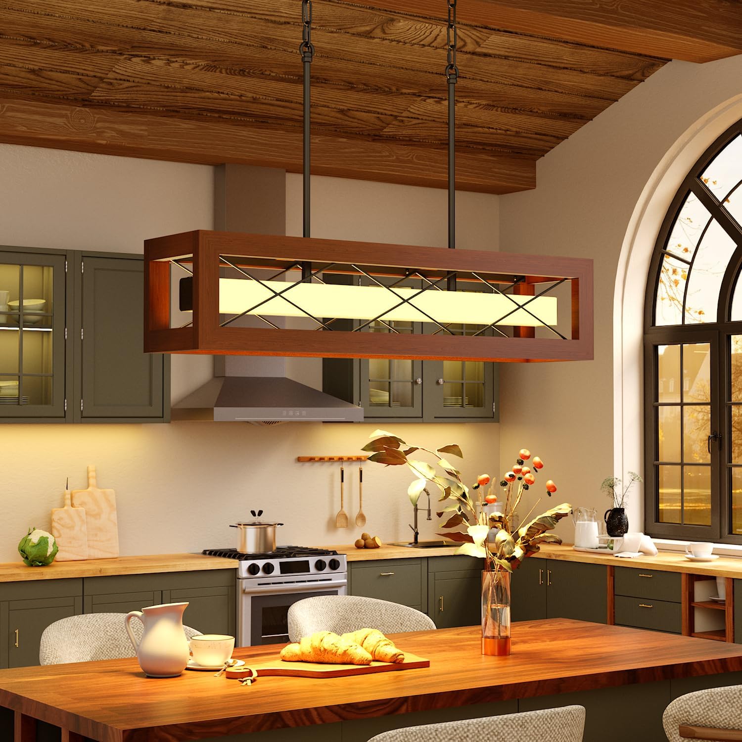 31.5" Wood Island Lights for Kitchen, Farmhouse Chandeliers