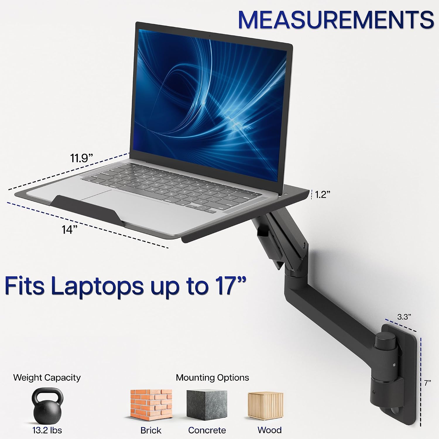 Pneumatic Arm 14 x 12 in Laptop Tray Wall Mount,