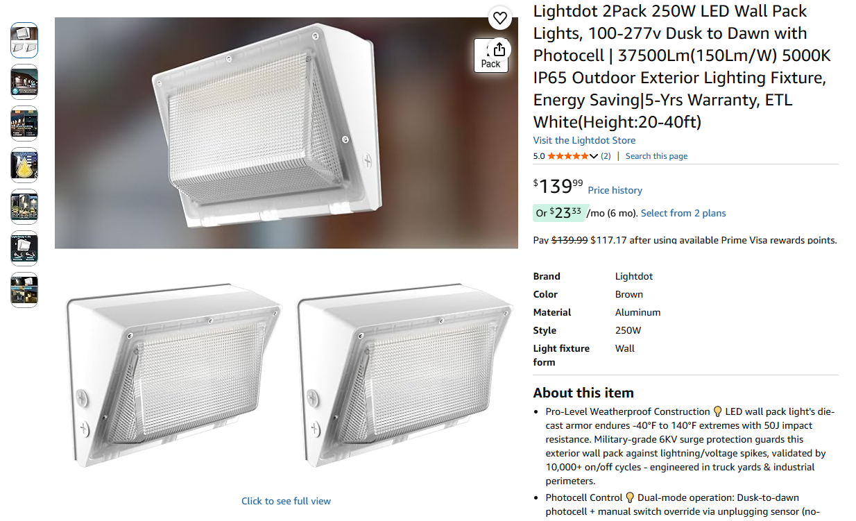 2 Pack 250W LED Outdoor Wall Pack Lights, Dusk Till Dawn
