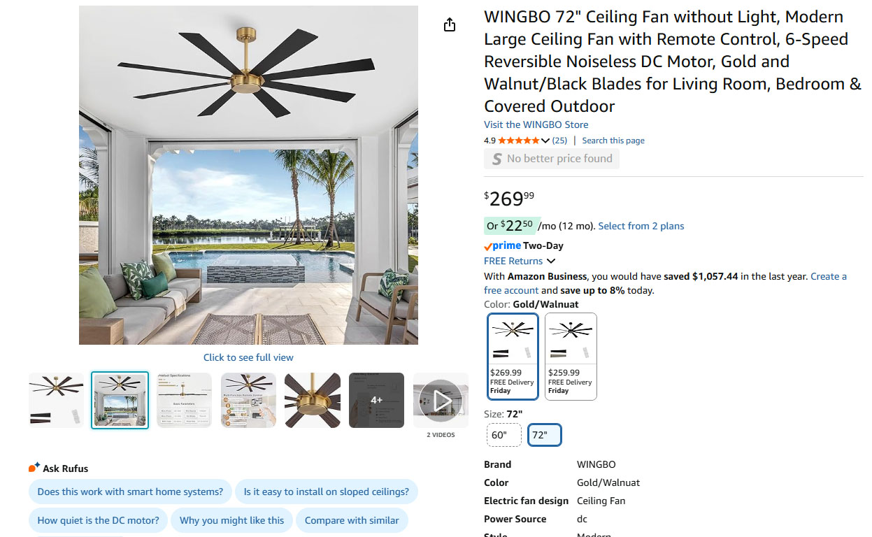 72" Ceiling Fan - Brass - Walnut