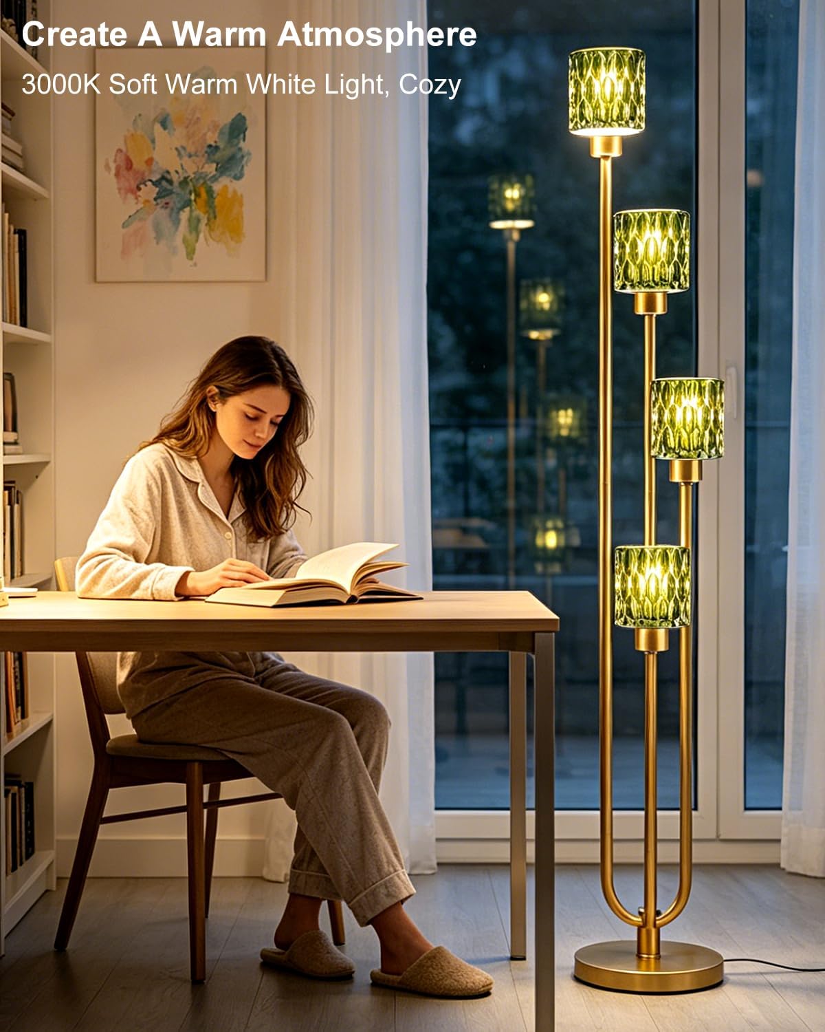 Green Glass Floor Lamp Dimmable 4-Light Farmhouse