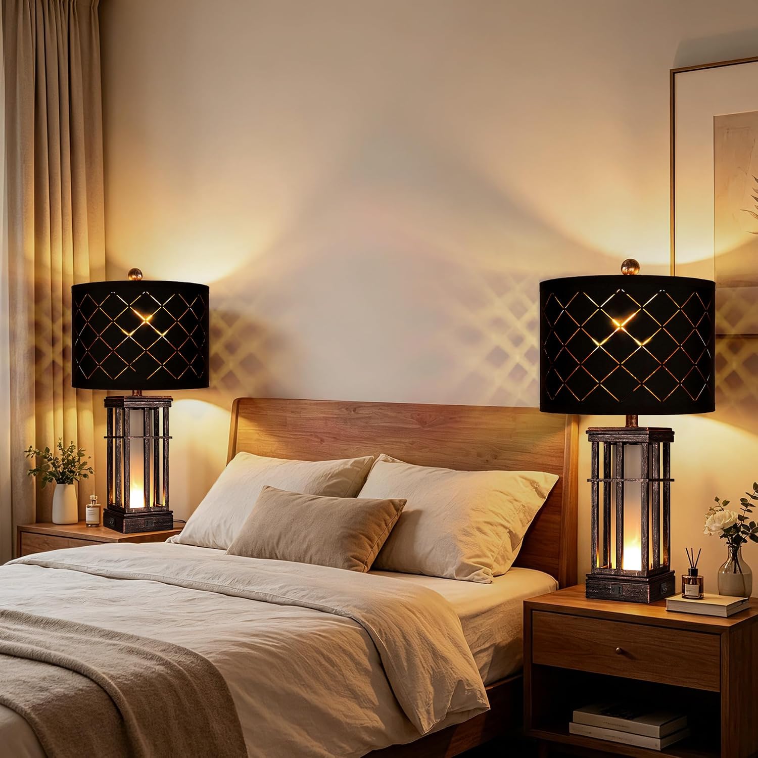 Modern Table Lamp with Nightlight Set of 2