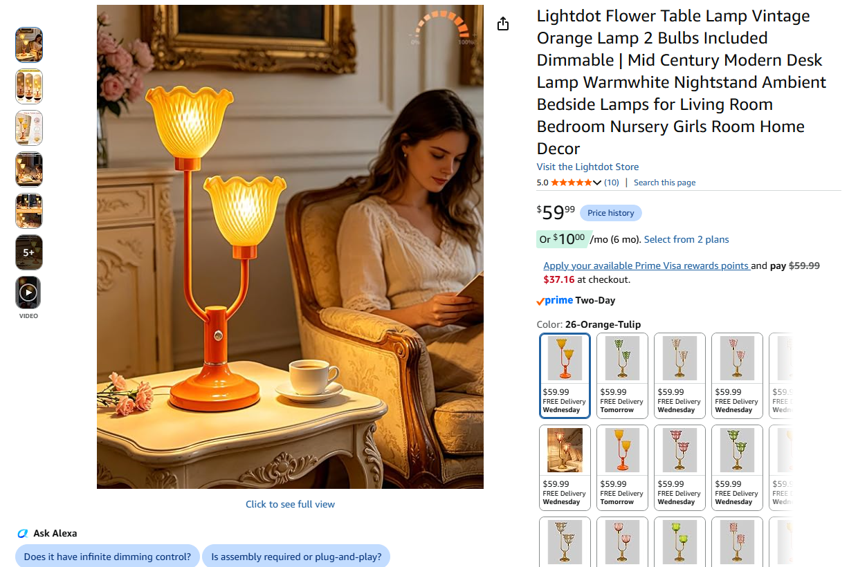 Vintage Flower Table Lamp Lamp 2 Bulbs