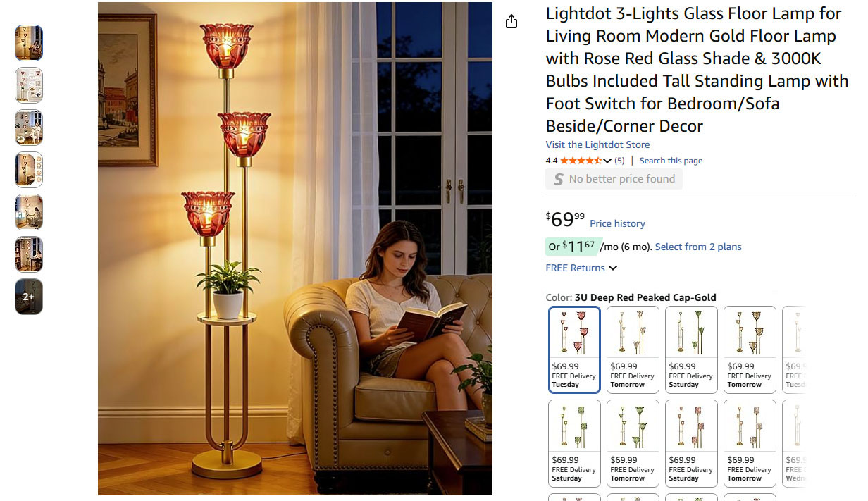 3-Lights Glass Floor Lamp with Shelf,