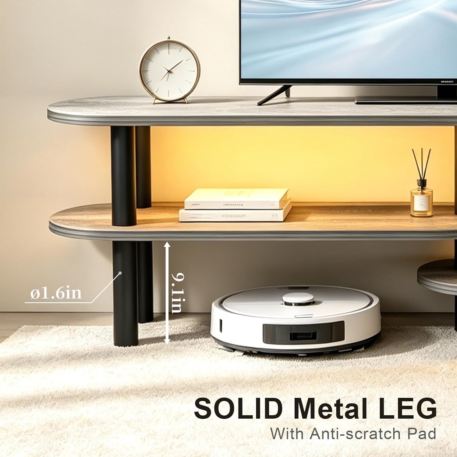 Curved TV Stand with Smart Strip Light & Power Outlet