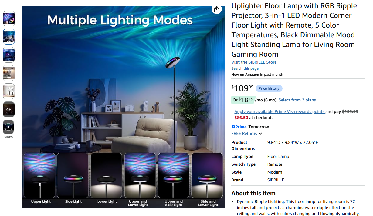 Floor Lamp with RGB Ripple Projector, 3-in-1 LED