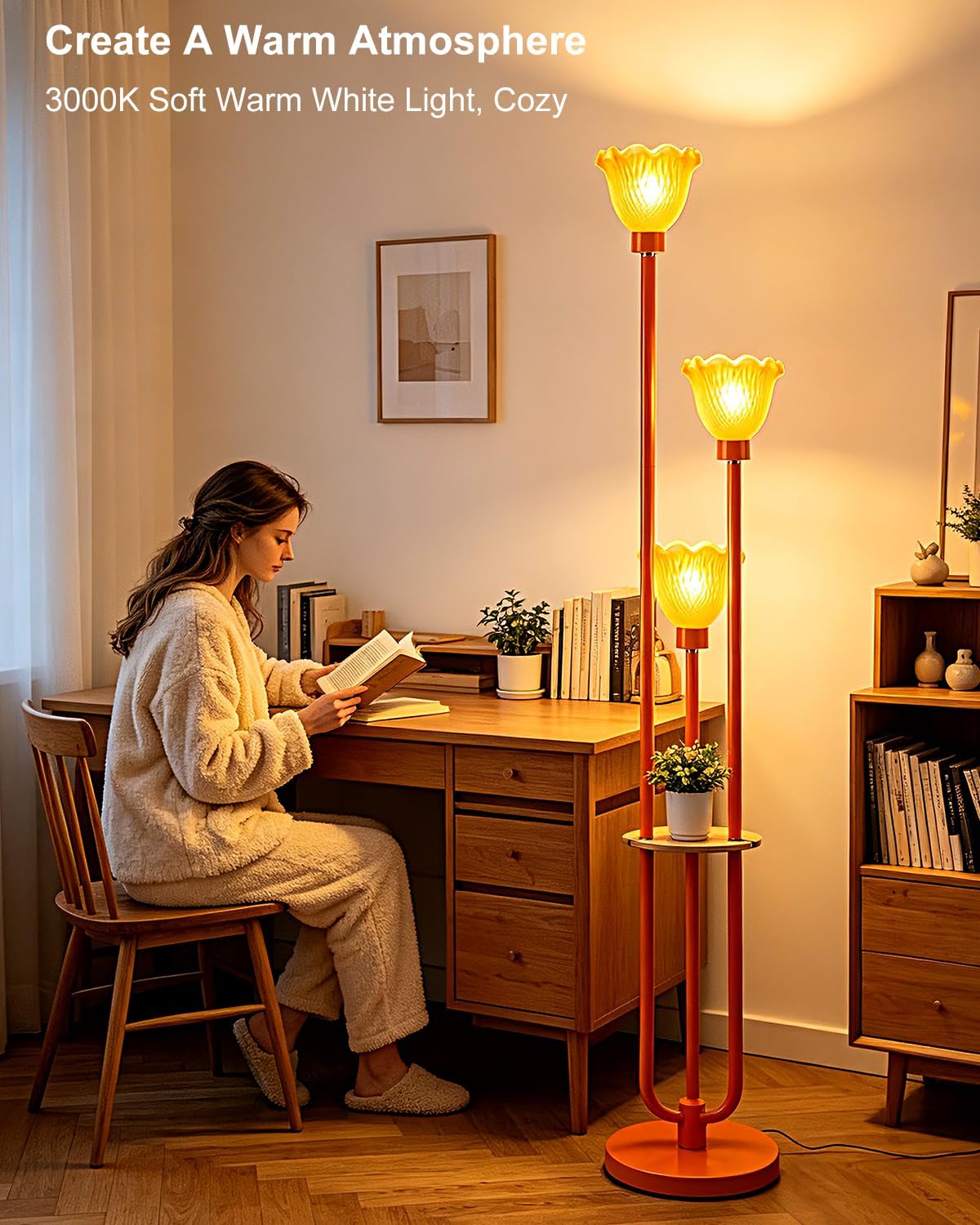 Floor Lamp with Shelf and Bulbs Included, Dimmable