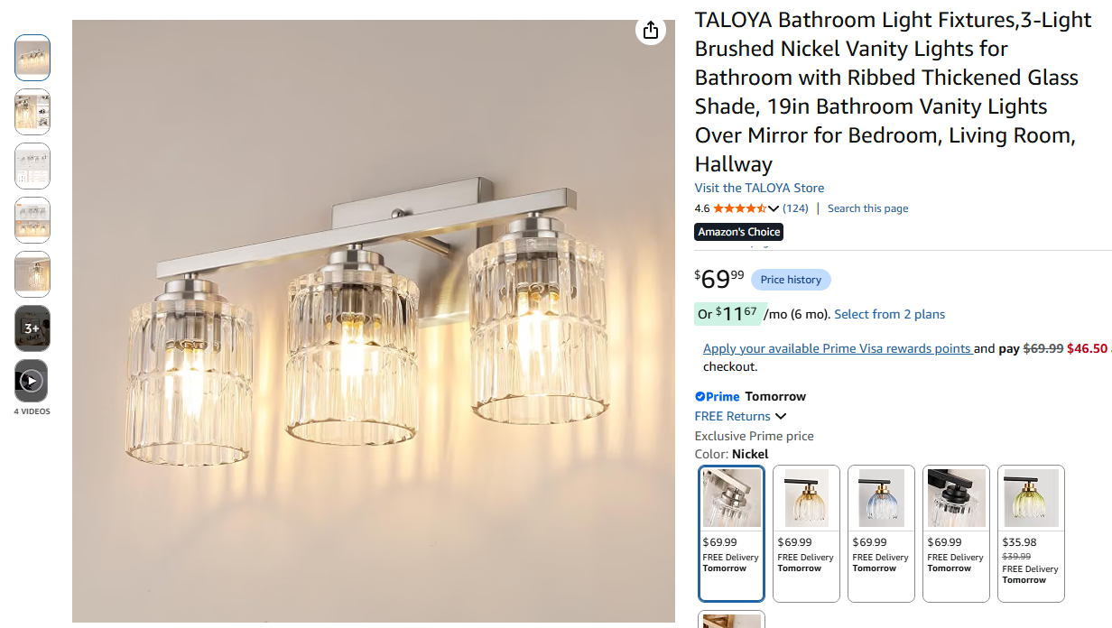 3-Light Brushed Nickel Vanity Light Fixture