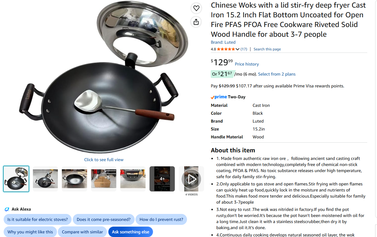 Cast Iron Chinese Wok with lid