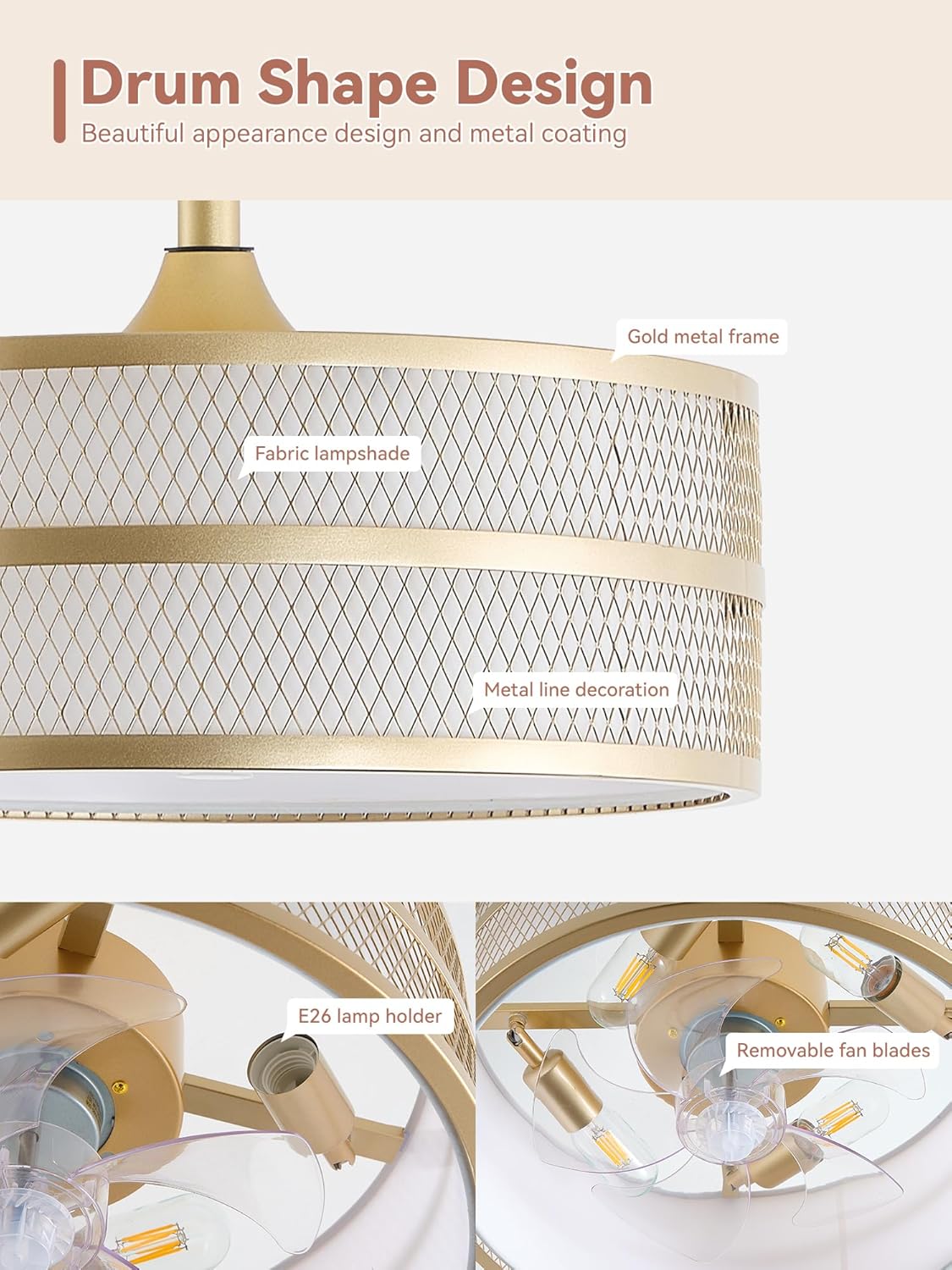 Gold Drum Ceiling Fan with Light Remote Control,