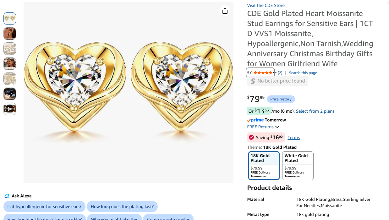 Gold 18k Heart Moissanite Stud Earrings