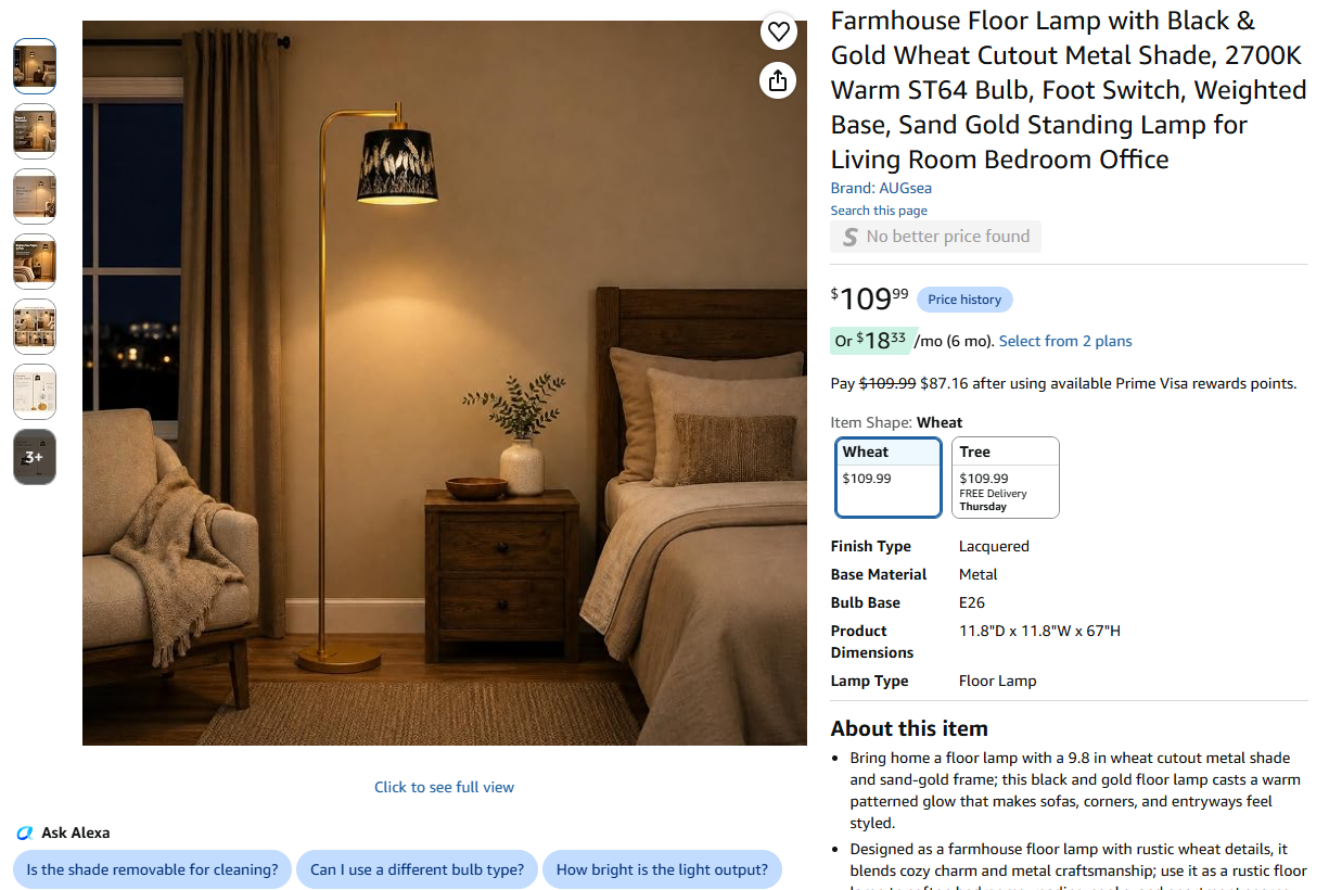 Floor Lamp with Black & Gold Wheat Cutout Metal Shade