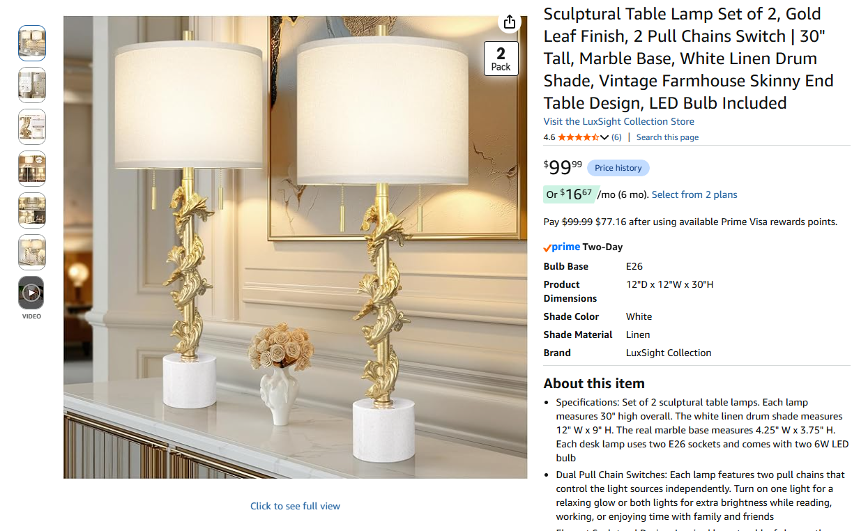 Gold Leaf Table Lamp Set of 2 - Marble base
