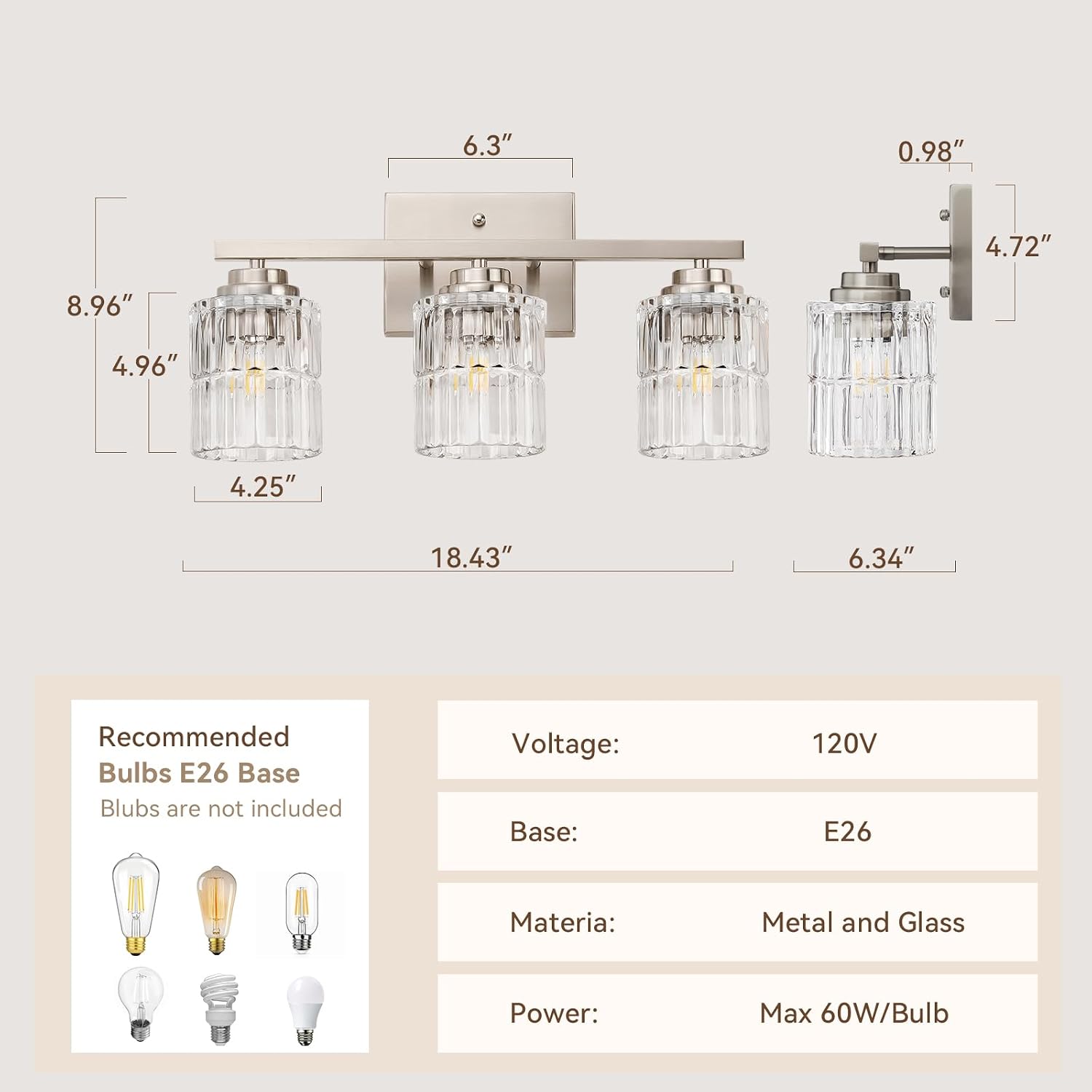 3-Light Brushed Nickel Vanity Light Fixture