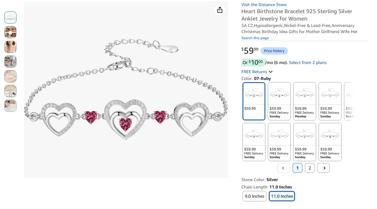 Heart Birthstone Bracelet 925 Sterling Silver Anklet Jewelry for Women