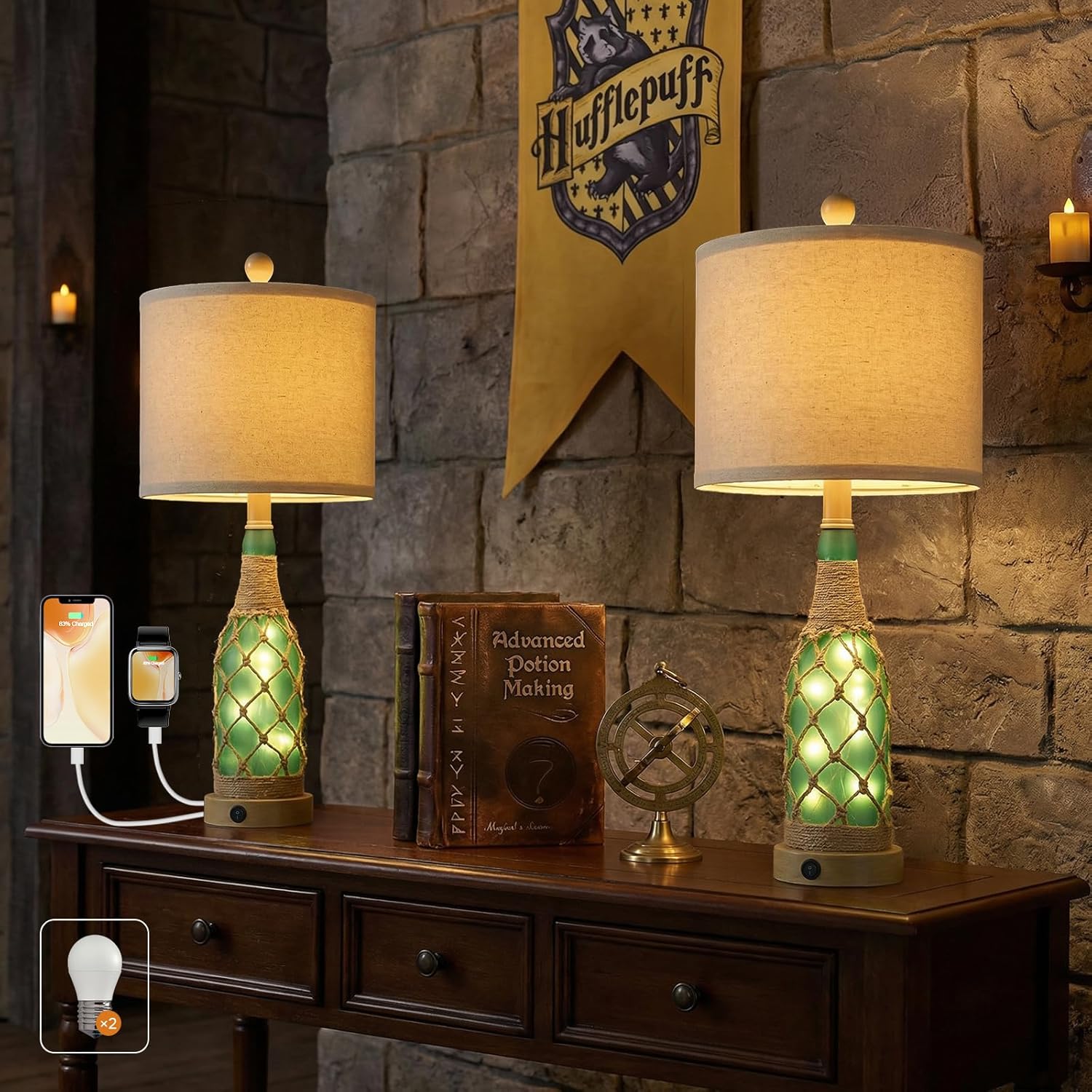 Boho Table Lamps with Night Light+USB Charge Port