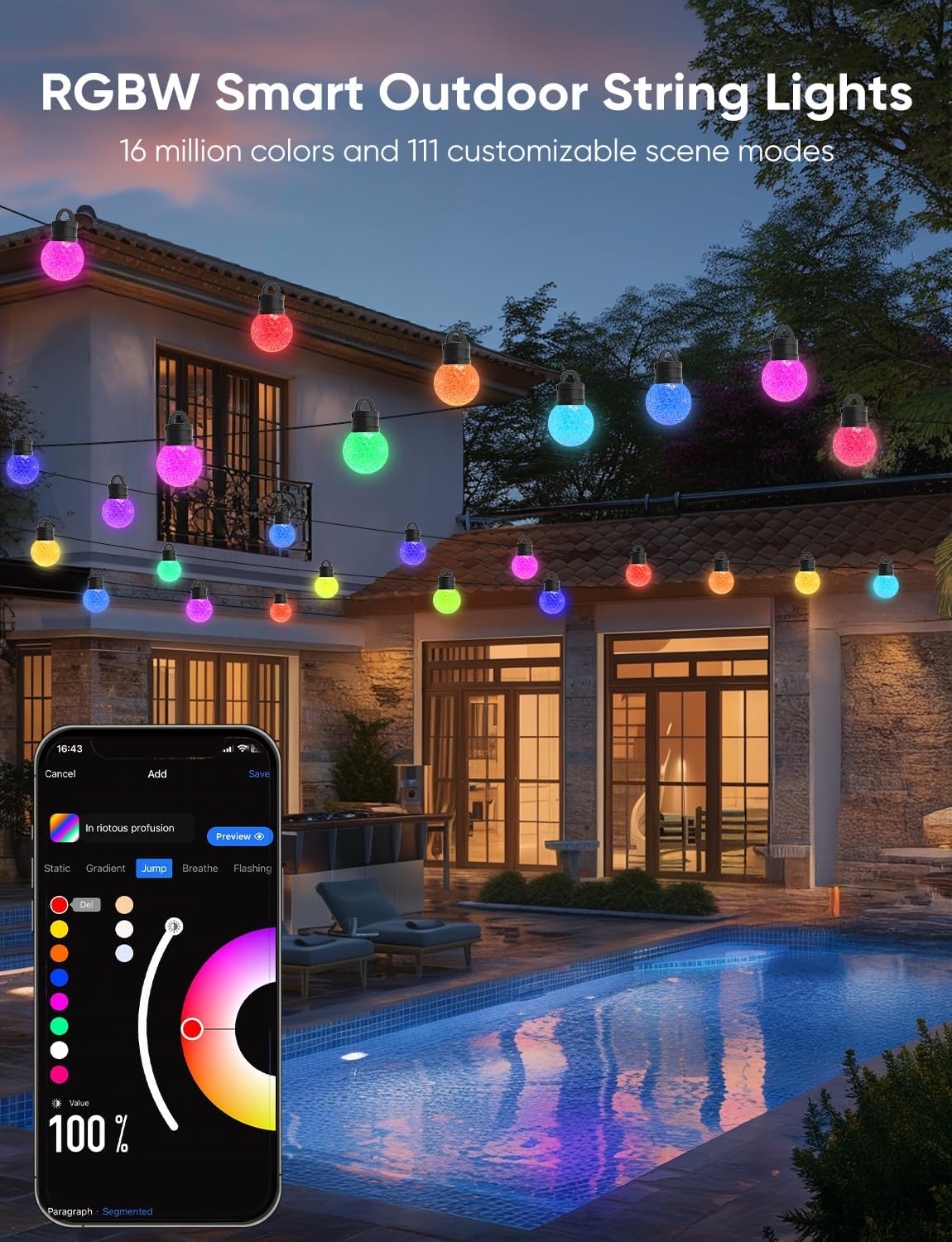 Smart Outdoor String Lights 50ft, RGBW