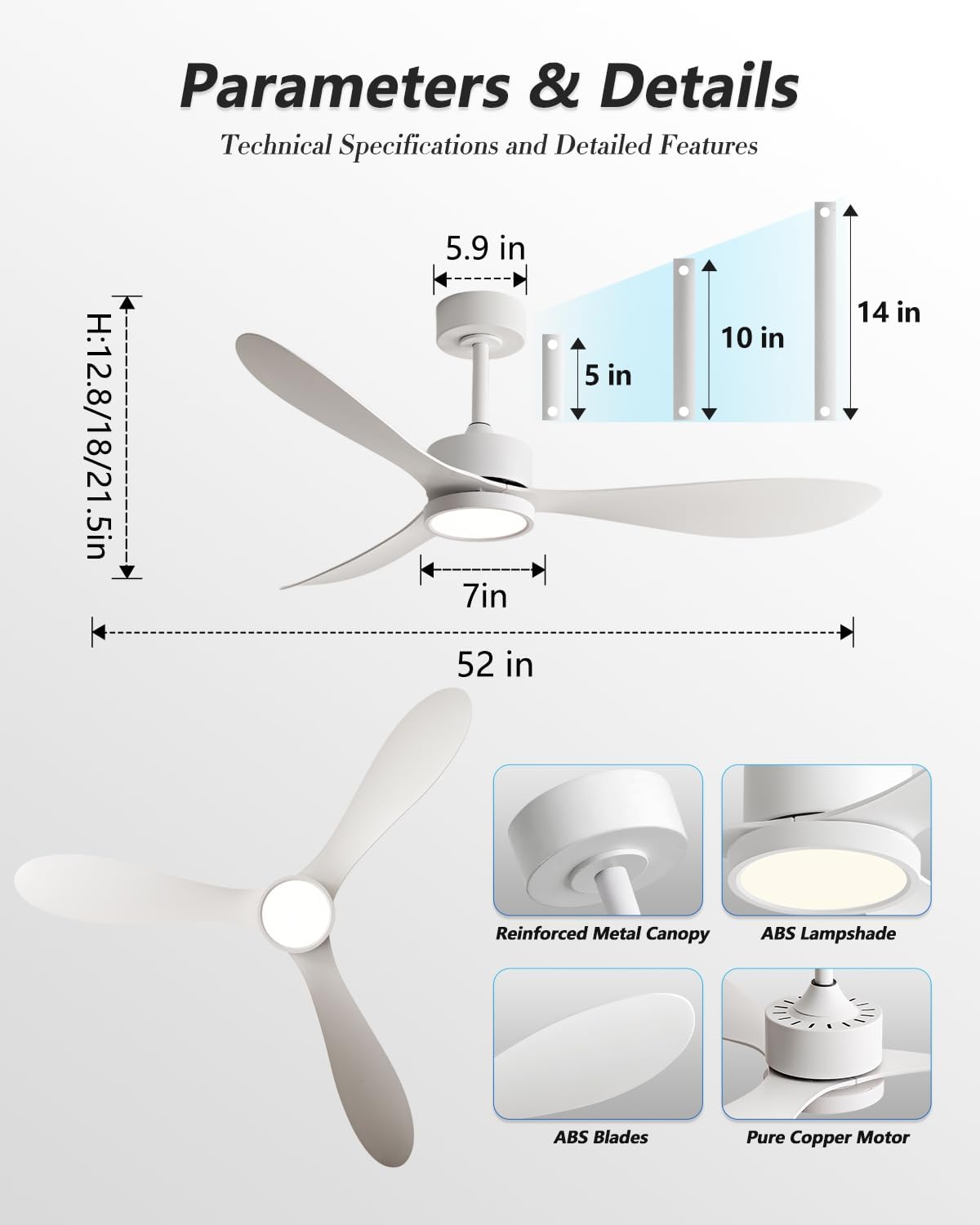 White Ceiling Fan with Light Kit Remote