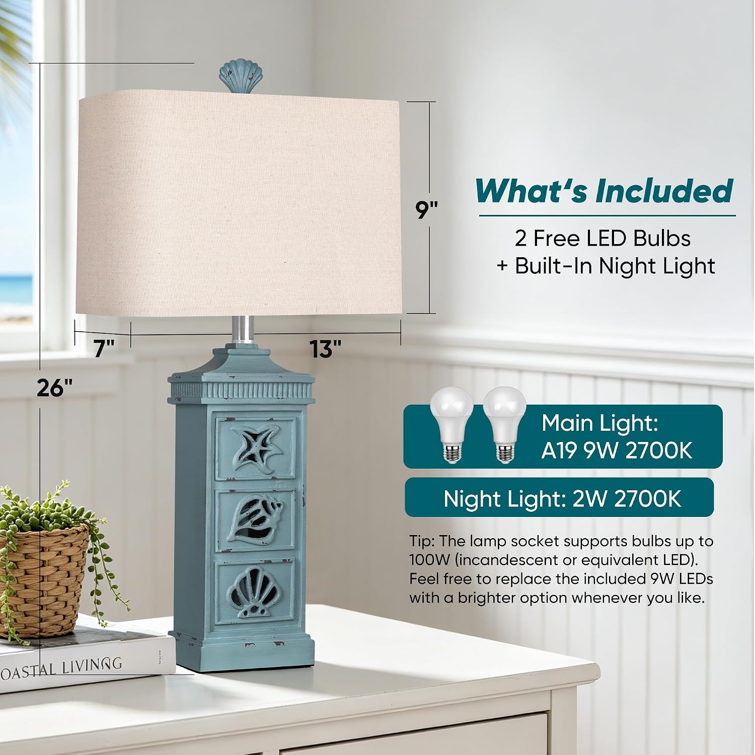 Coastal Table Lamps Set of 2 with Nightlight