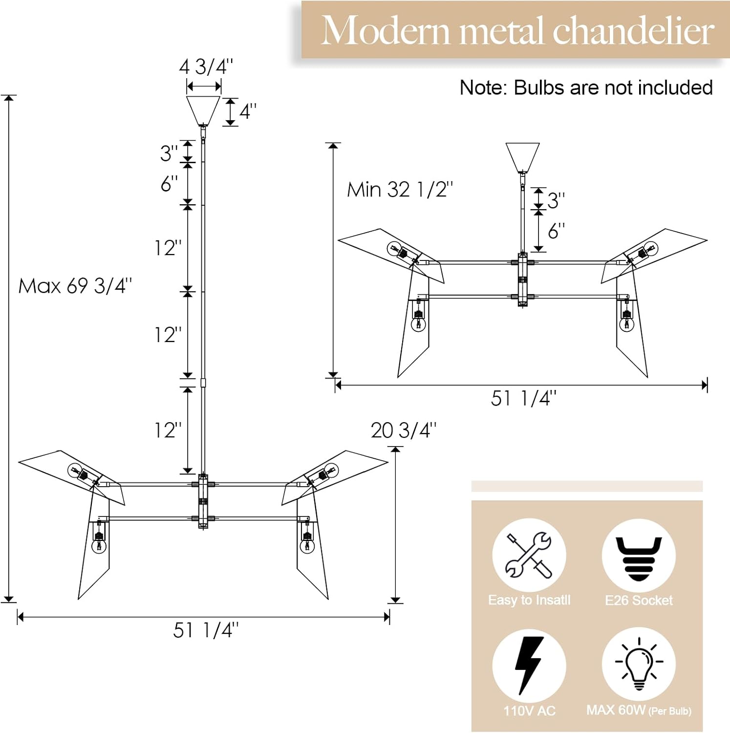 4-Light Modern Linear Chandelier