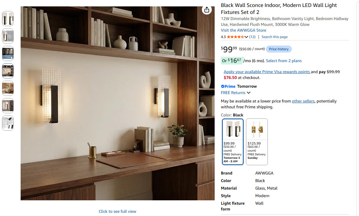 Modern Black Wall Sconce Indoor Fixtures, 2 Pack