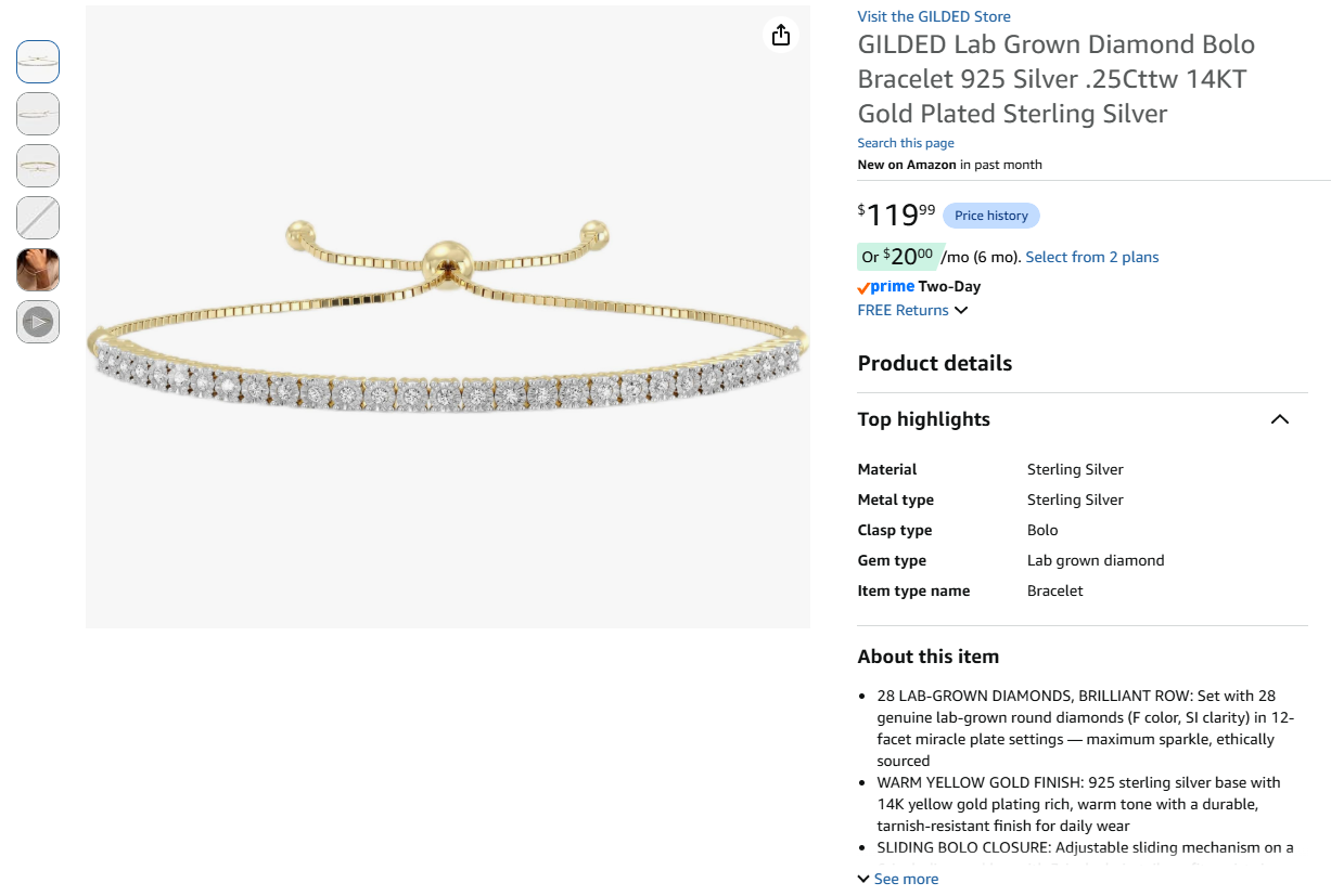 GILDED Diamond Bolo Bracelet 925 Silver .25Cttw 14KT Gold Plated Sterling Silver