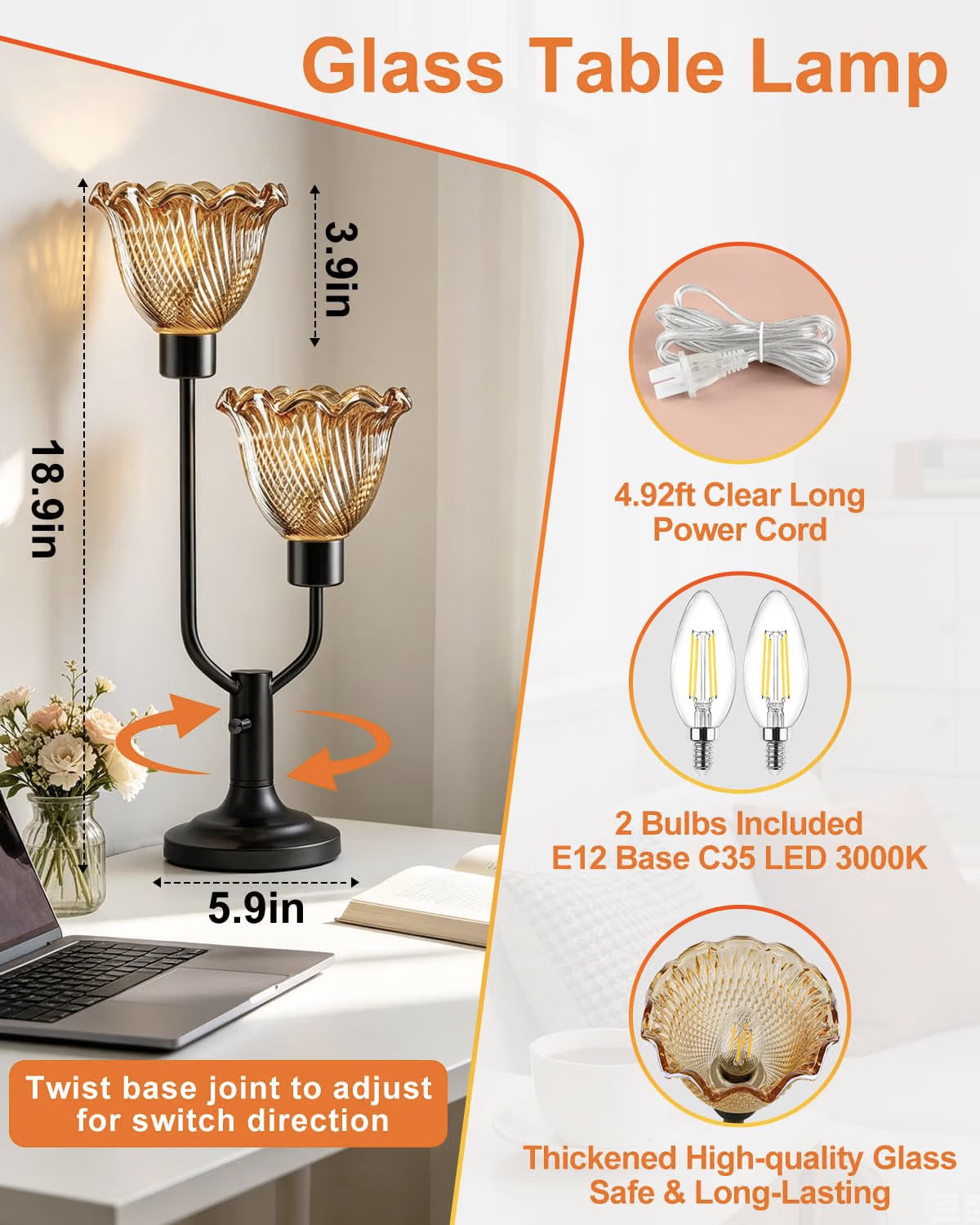 Mid Century Modern Table Lamp Vintage 2-Lights