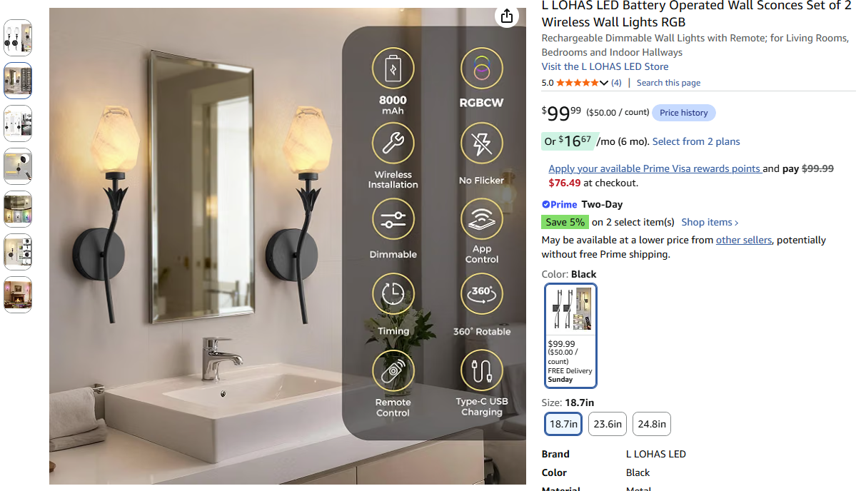 LED Battery Operated Wall Sconces Set of 2 , with Remote