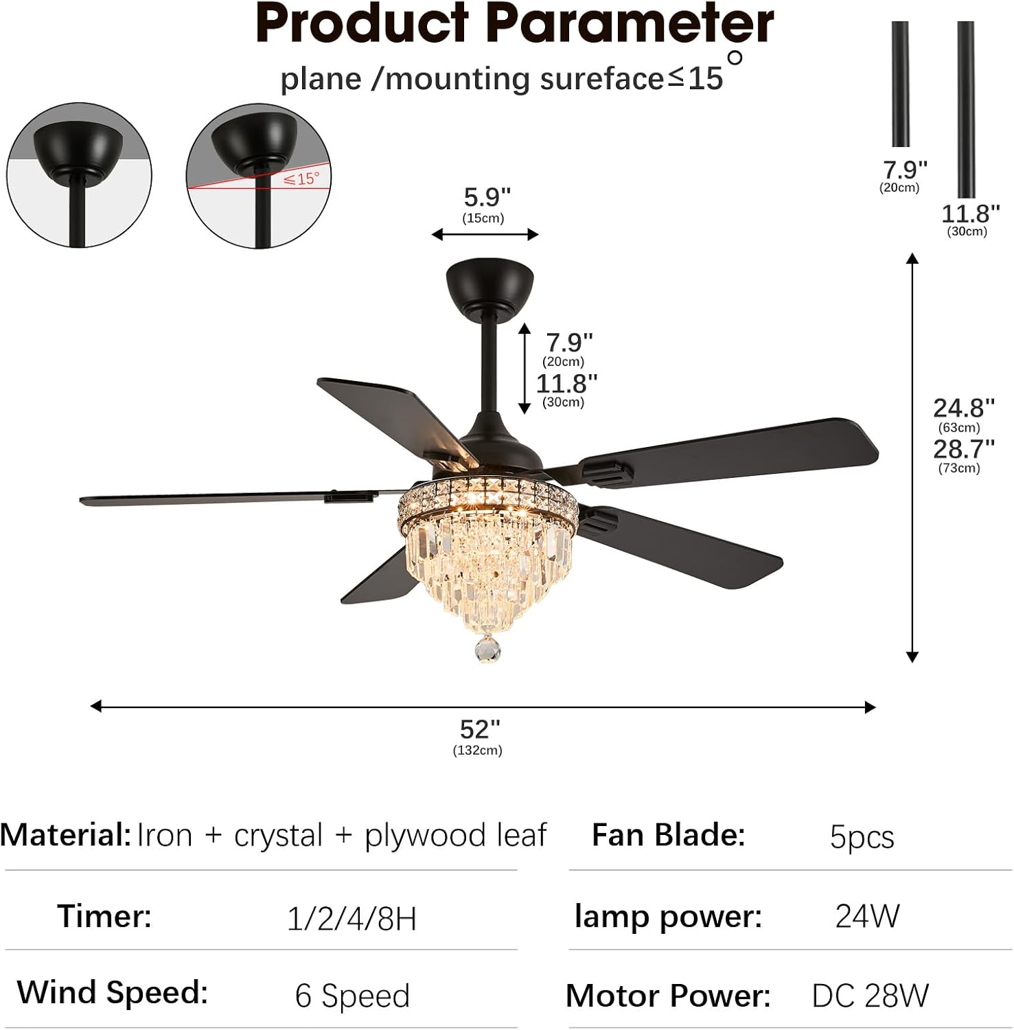 Crystal Chandelier Ceiling Fan with Lights and Remote, Black