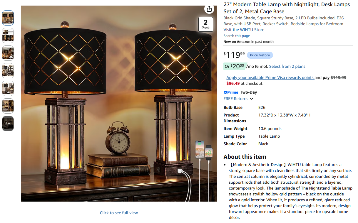 Modern Table Lamp with Nightlight Set of 2