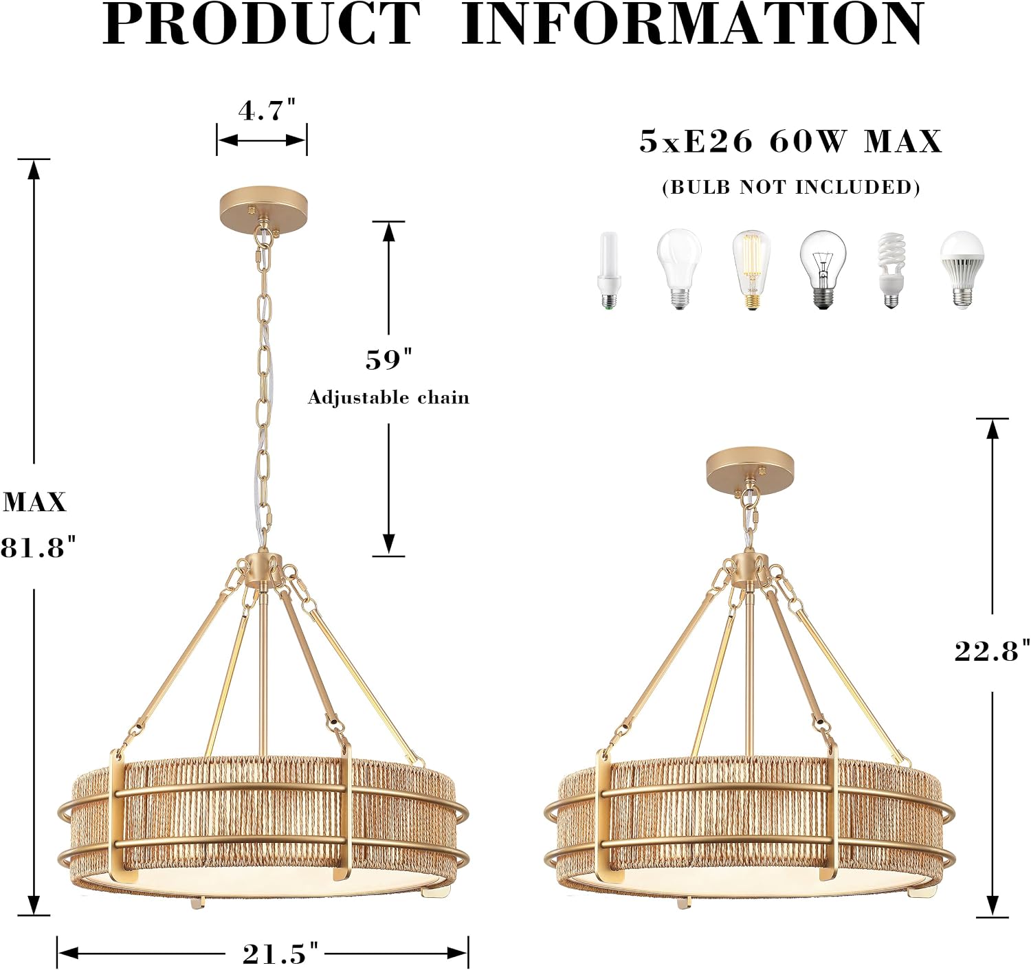 1.5'' Boho Rattan Chandelier 5-Light Boho Light Fixture for Dining Room
