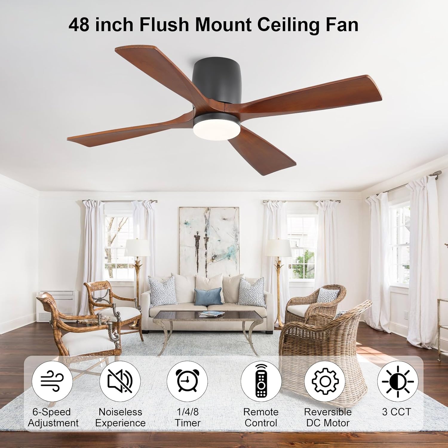 48 inch Fan Wood  Flush Mount Ceiling Fan with Lights
