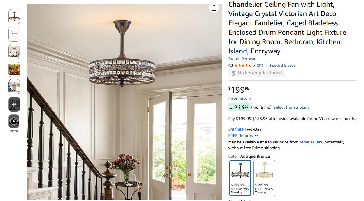Chandelier Ceiling Fan with Light,