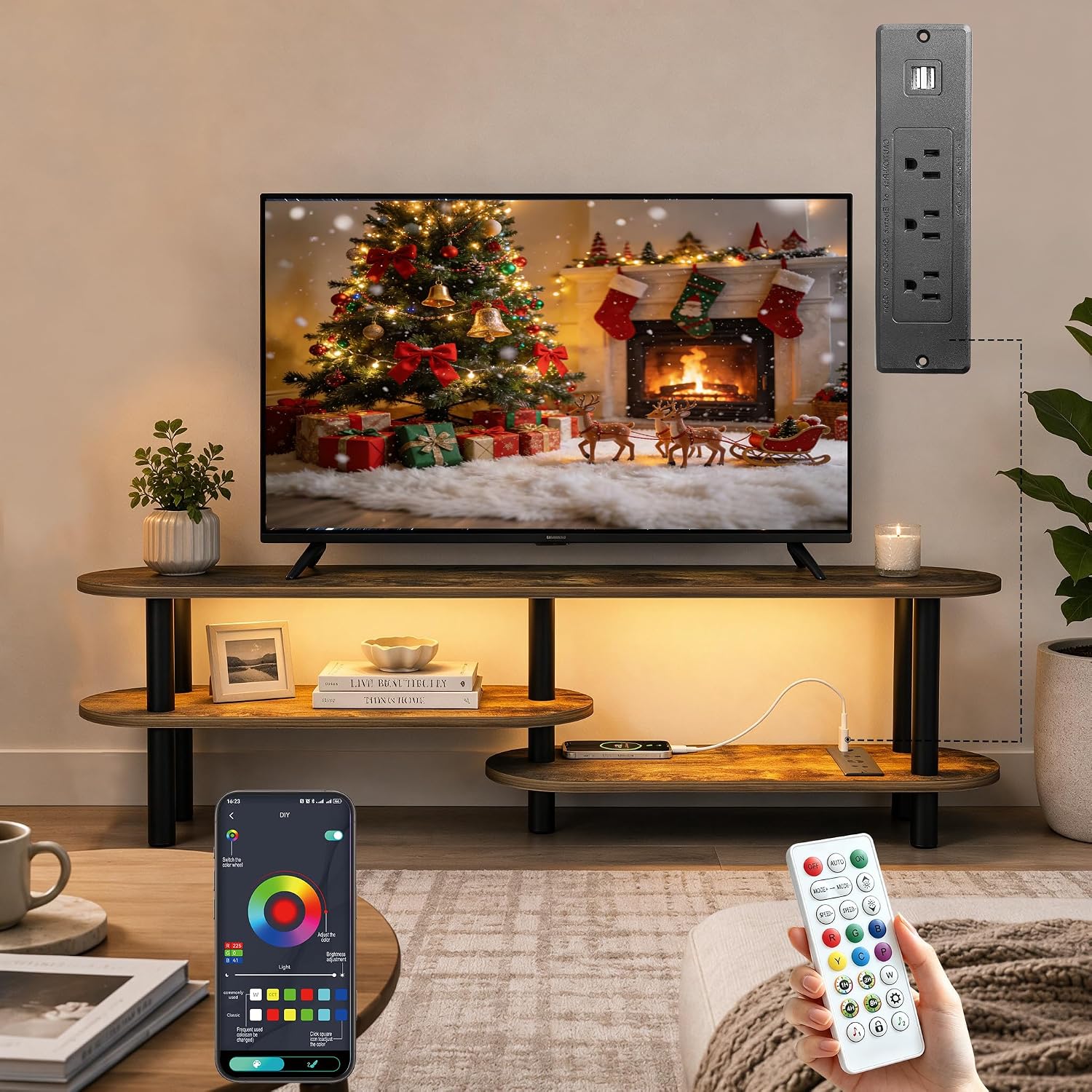 Curved TV Stand with Smart Strip Light & Power Outlet